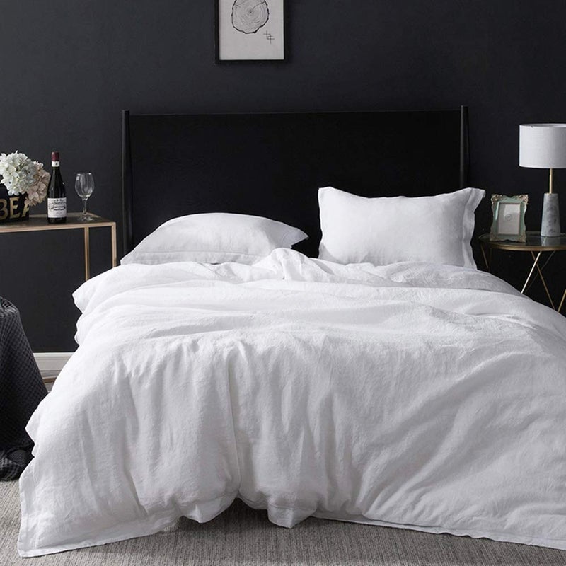 Simple&Opulence 100% French Flax Linen Duvet Cover Set with Embroidery Washed - 3 Pieces (1 Duvet Cover with 2 Pillow Shams) with Button Closure Soft Breathable Farmhouse - White, King Size - Image 1